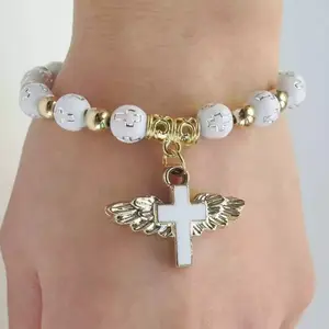 Cross Beads Bracelet for Men Women, 8MM Beaded Bracelets Couples Bracelets, Oil Drop Bracelet Esty Angle Wings Charm Bangle cute  bracelets dangle charm
