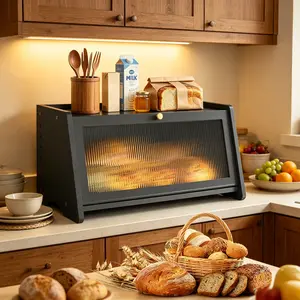 giteo bedding Bamboo Bread Box for Kitchen Countertop, Large Capacity Bread Storage Container with Viewing Window, Stylish Bread Bin Fresh Keeper Countertop Organizer, Black