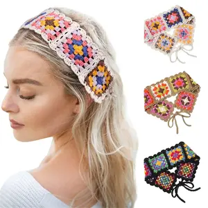 Female 3-Pcs Handmade Knitted Hippie Headbands Set, Boho Crochet Floral Head Wraps for Styling, Interchangeable Hair Accessories