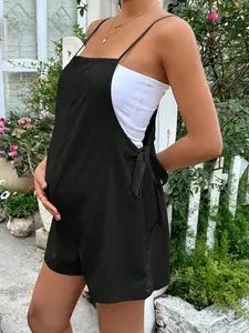 DANLIEN Pregnant Women Solid Color Side Tie Strap Romper, Maternity Overalls