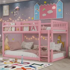 Twin Low Bunk Beds Frame, Wooden Bunk Bed Frame Twin Over Twin, Convertible Floor Bunk Bed with Storage Shelf & Ladder, No Box Spring Needed (Pink)