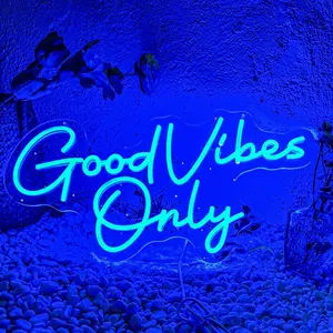 "Good Vibes Only" blue handwritten letter LED neon sign, USB powered dimmable LED light, lighting up the space with dazzling lights, suitable for families, bars, parties to create an atmosphere, injecting a sense of style into every room