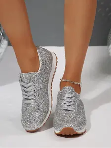Women's Fashionable Glitter Sequins Decorated Lace Up Low Top Athletic Sneakers, Casual Comfortable Sports Shoes for Daily Wear, Female All-match Round Toe Shoes for Daily Wear, Glitter Design Sneakers