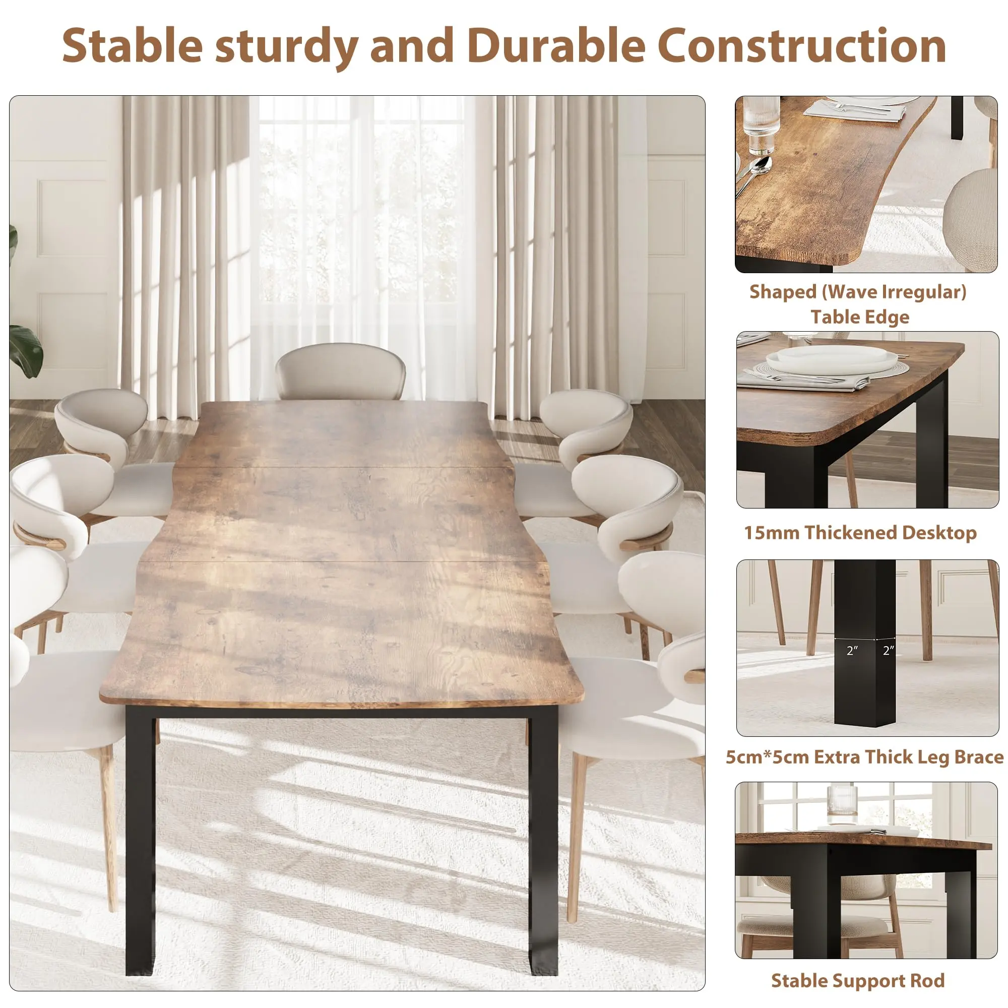 Minimalist Rectangular Dining Table for 6-8 - 78.7'' Long Wave-Edge - 15mm Thick MDF Top & Sturdy Metal Frame - Waterproof & Mark-resistant-Resistant - Versatile for Kitchen, Dining Room, or Office - Easy Assembly