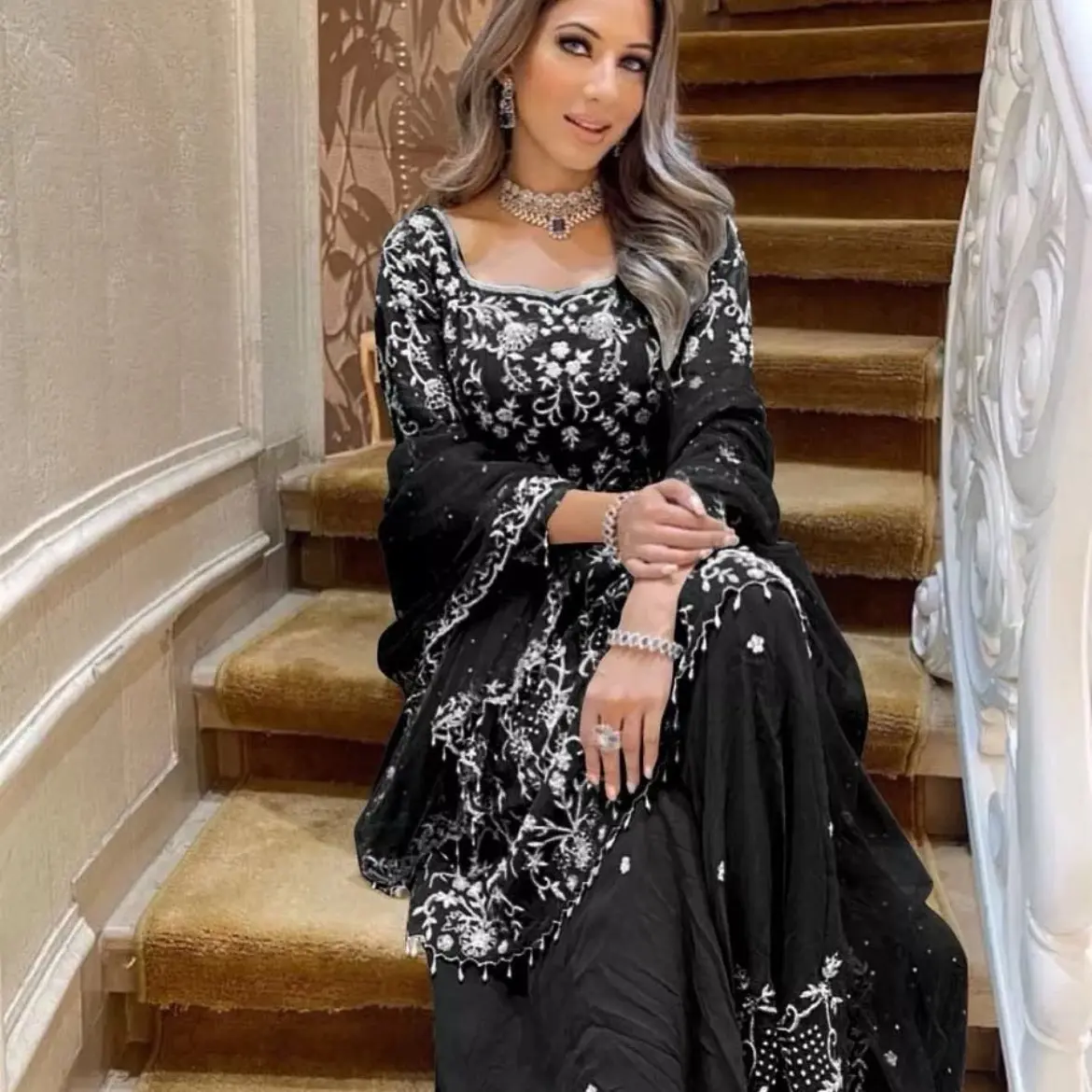 Indian/Pakistani Bollywood Party Wear FASHIONABLE HEAVY NET GEORGETTE CHINE SEQUENCE Formal Dress Dupatta Palazzo Women Comfort Formal Wear