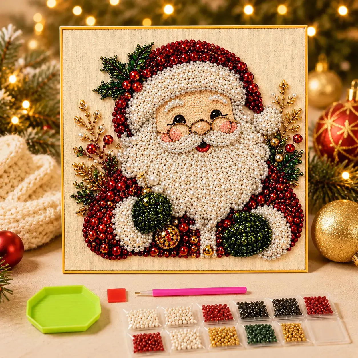 Frameless 3D Beaded Diamond Painting Kit, Christmas Wreath & Stocking Pearl Mosaic Art, Stress Relief DIY Wall Decor for Home