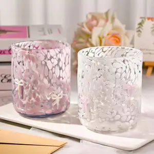 2-Pack Sturdy 14 oz Gradient Blush Pink Handblown Stemless Wide Mouth Design Cups, Coquettish Glass Cups with Bow Icon, Double Old Fashioned Kitchenware for Hot and Cold Drinks, Birthday Gift Supplies