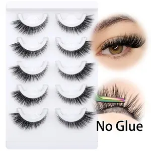 Self-Adhesive False Eyelashes No Glue Needed, Reusable Natural Fluffy Voluminous Lashes Easy to Wear, Beginner Friendly, 5 Pairs Pack, Volumized False Eyelashes