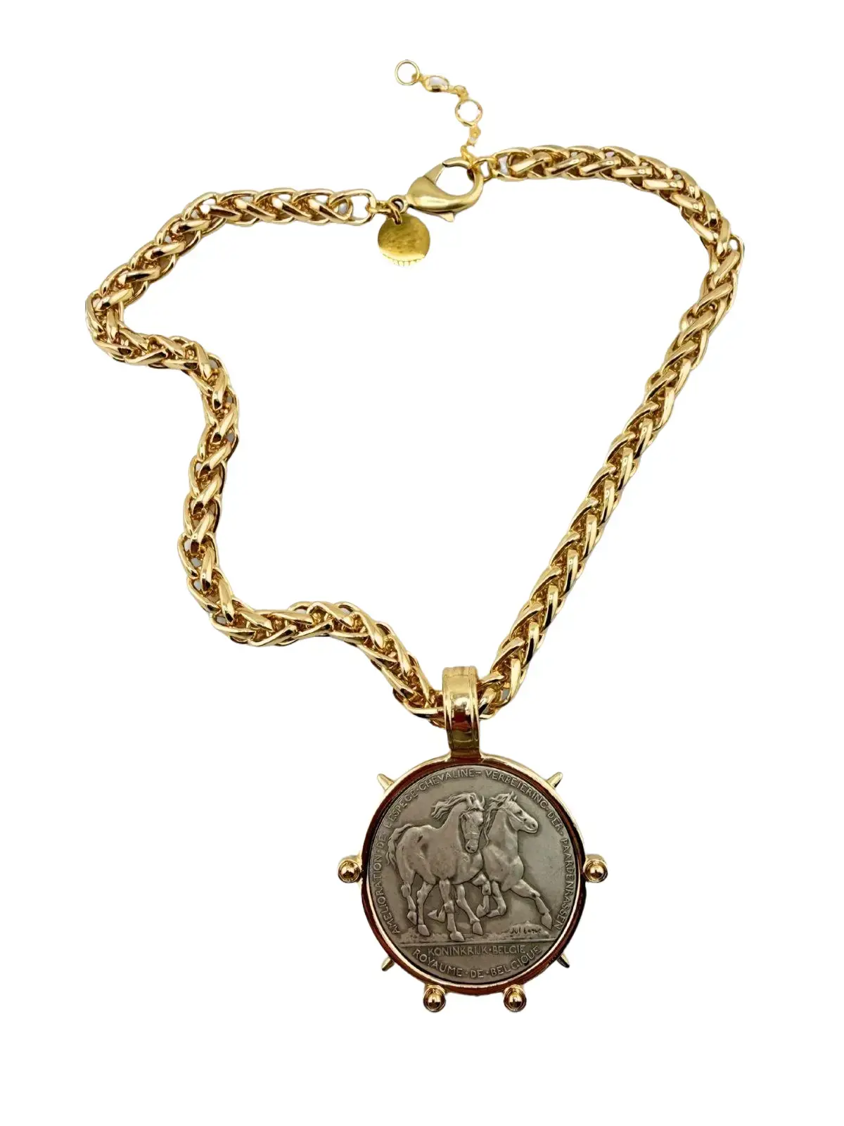 Unisex Equestrian Statement Necklace - Wild Horses Coin Pendant, Chunky Woven Wheat Chain, Adjustable 16"-18" Gold Plated, Statement Accessory