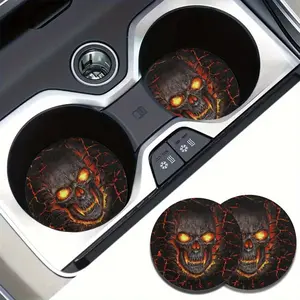 Skull Pattern Car Coaster, Round Anti-slip Car Cup Holder Coaster, Decorative Car Cup Holder Pad for Men & Women, Universal Car Accessories for Car SUVs Trucks, Halloween, Car Interior Decor