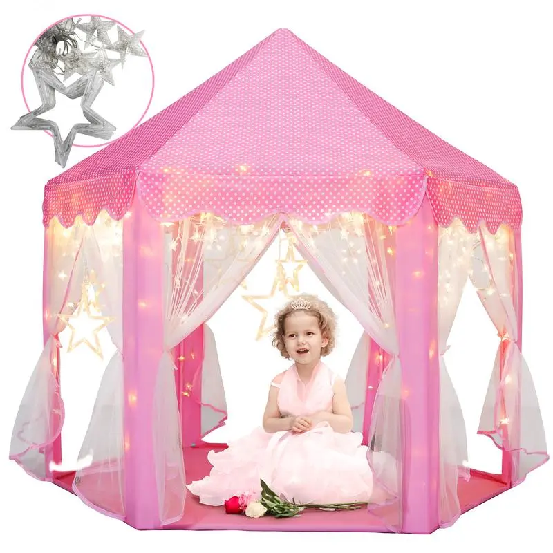Magical Princess Castle Play Tent with Star LED Lights - Best Birthday Christmas Gift Toy for Toddler Girls Age 2 3 4 5 6 7, Large Pink Kids Playhouse for Indoor Outdoor Imaginative Role Play & Reading Corner