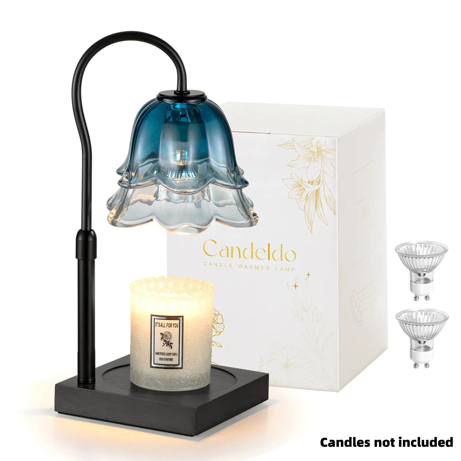 Candle Warmer Lamp with Timer: Navy Blue Flower Candle Warming Lamp with 2 Bulbs Height Adjustable Wax Warmer Dimmable Bedroom Decor Birthday Gift for Women, Valentine's Day gift
