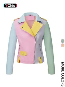 Women's Spring Four-Season Motorcycle Zip Front Jacket, Fashionable Long Sleeve Lapel Zipper Waist Cinched Fitted Patchwork Short Coat with Pockets, Fall Winter Outerwear