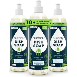 Natural Dish Soap - Skin-Softening Plant-Based Dishwashing Soap, Non-Toxic Dish Soap, Organic Liquid Dishwashing Detergent Soap (Green Tea & Lime, 16 fl oz, 3 Pack)