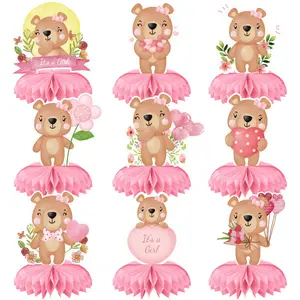 9Pcs Pink Bear Gender Reveal Themed 3D Honeycomb Centerpiece Decorations Table Decorations Double Sided Printed for Birthday Party Decorations Baby Shower Party Decor Favors