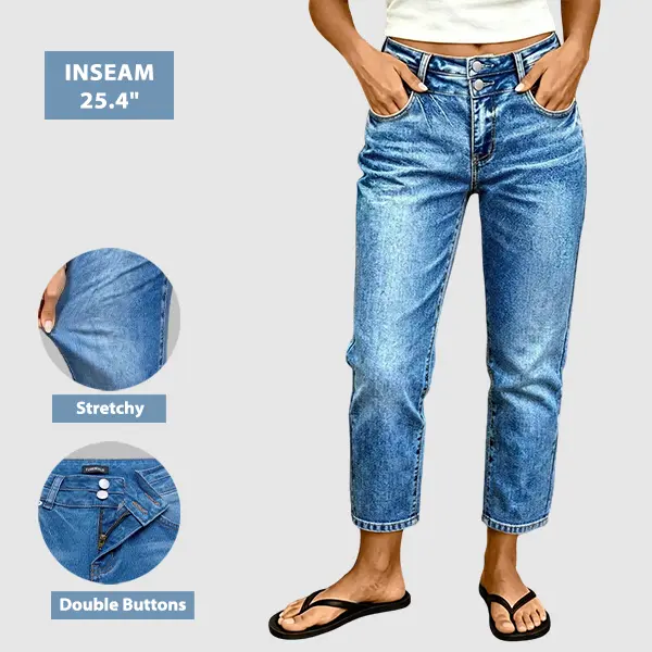 Flamingals Wash Dual Button Mid Rise Straight Leg Crop Jeans Stretchy 25.4" Inseam