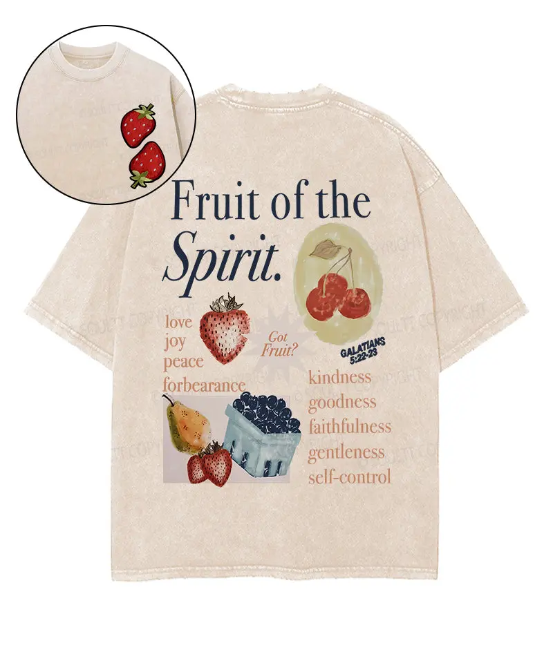 Fruit Of The Spirit Double Sided Unisex Washed Christian T-shirt Men's Vintage Acid Wash Graphic Tee, Oversized Heavyweight Cotton, Christian Faith, Retro Streetwear, Drop Shoulder.Y2K retro, Harajuku style,  Men's streetwear, Unisex top, Graphic tee
