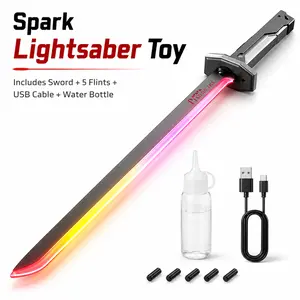RGB LED Spark Lightsaber Toy with Mist Spray & Draw Spark Effect, Color Changing Glowing Laser Sword, Double-Edged Light Up Sword for Kids & Teens, Gray