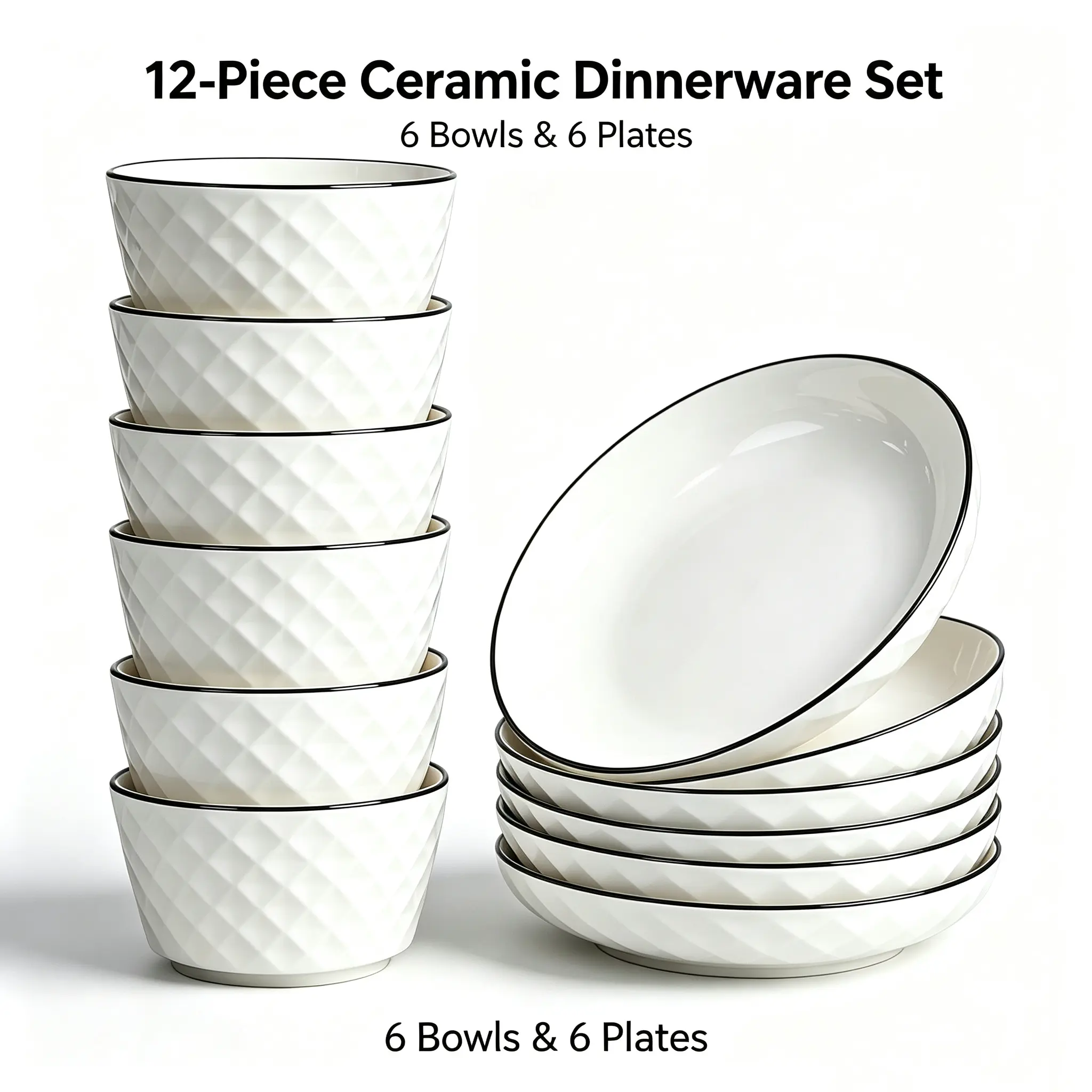 12 Pieces Kitchen Tableware Set 6 Dinner Plates 6 Cereal Bowls, Heat Resistant Diamond Embossed Ceramic Dishes，Housewarming Gift Dishes