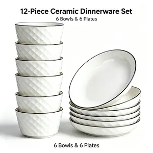 12 Pieces Kitchen Tableware Set 6 Dinner Plates 6 Cereal Bowls, Heat Resistant Diamond Embossed Ceramic Dishes，Housewarming Gift Dishes