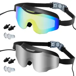 Adults Soft Silicone Swim Goggles Large Frame HD Wide View Anti-Fog UV Protection Adjustable Strap Built-in Earplugs for Comfort