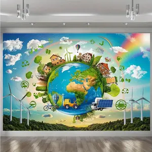 1pc 2D Flat Earth Wall Decal, Polyester 100% Banner, Mixed Color Room & Party Decor, Energy & Nature Design, All-Season Home & Wall Decor, 100% Polyester Protecting Our Earth Together Backd Decorative Stickers White