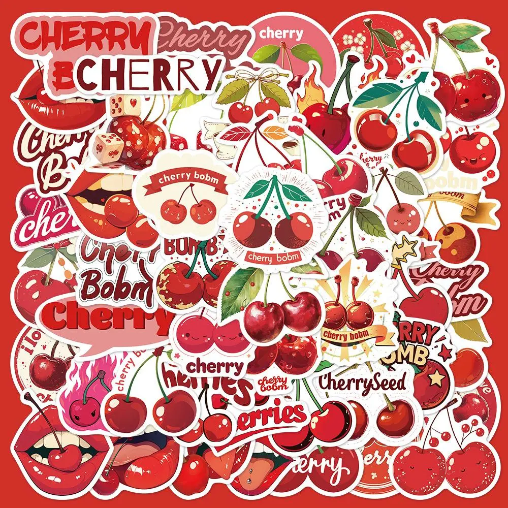 Cherry Series Sticker, 50pcs/set Waterproof Self Adhesive Decor Paper, Decor Sticker for Gift Greeting Card Water Bottle Laptop Phone