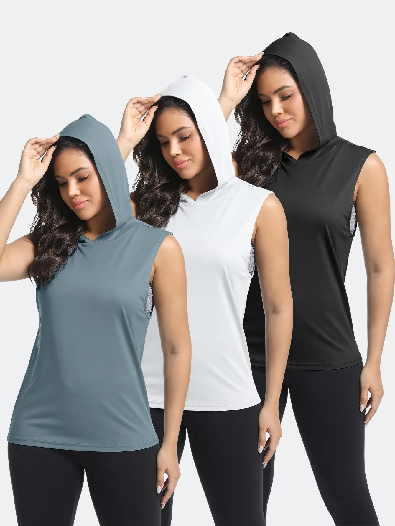 3 Packs Women Sports Running Gym Yoga Sleeveless Hooded Tank Tops Set Breathable Fit Fabric Pullover Womenswear