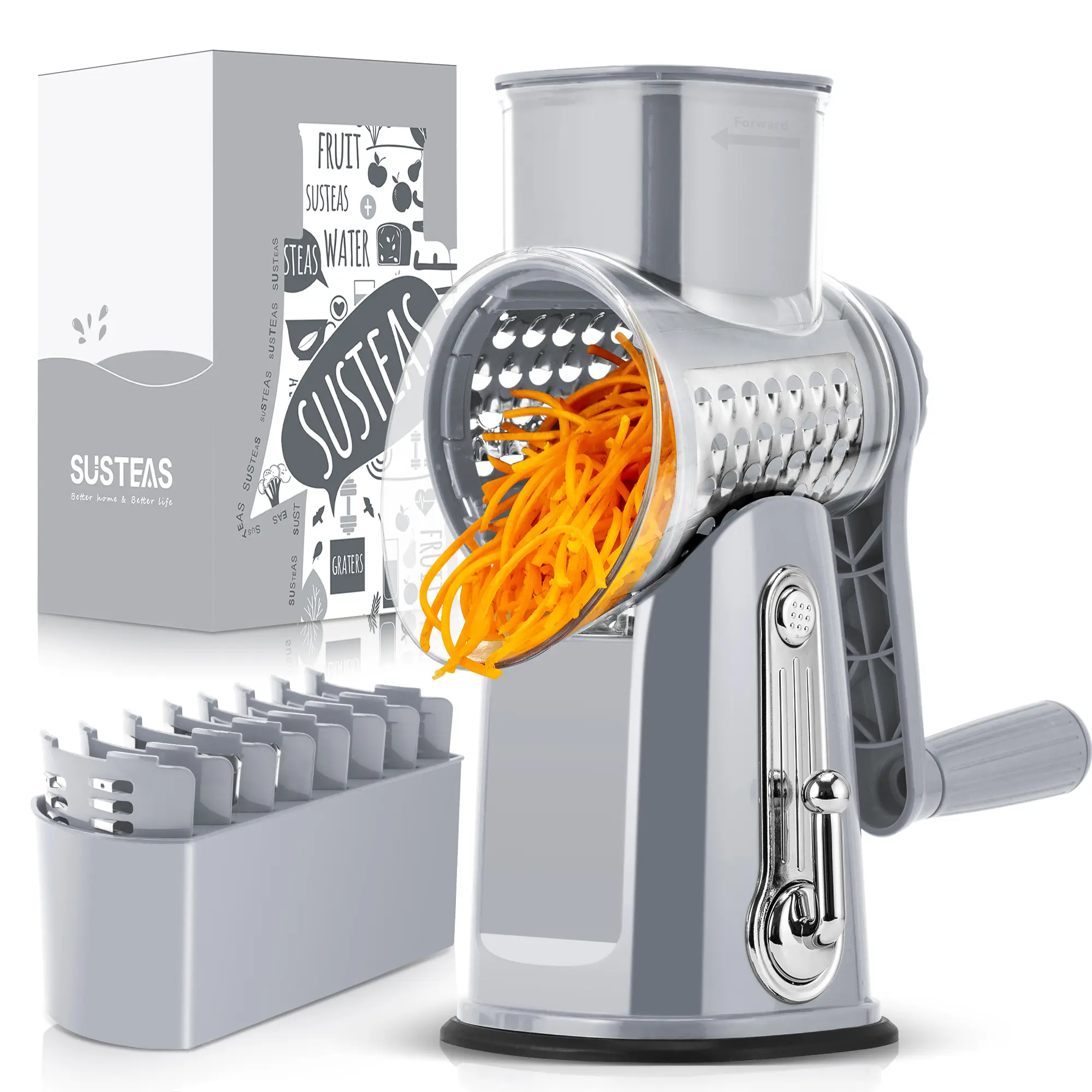 SUSTEAS Rotary Cheese Grater & Shredder, 5 Replaceable 18/10 Stainless Steel Blades, Built-in Strong Suction Base, Modern Kitchen Utensil, Vegetable Cutter & Mandoline Slicer, Grey, Rotary Cheese Shredder
