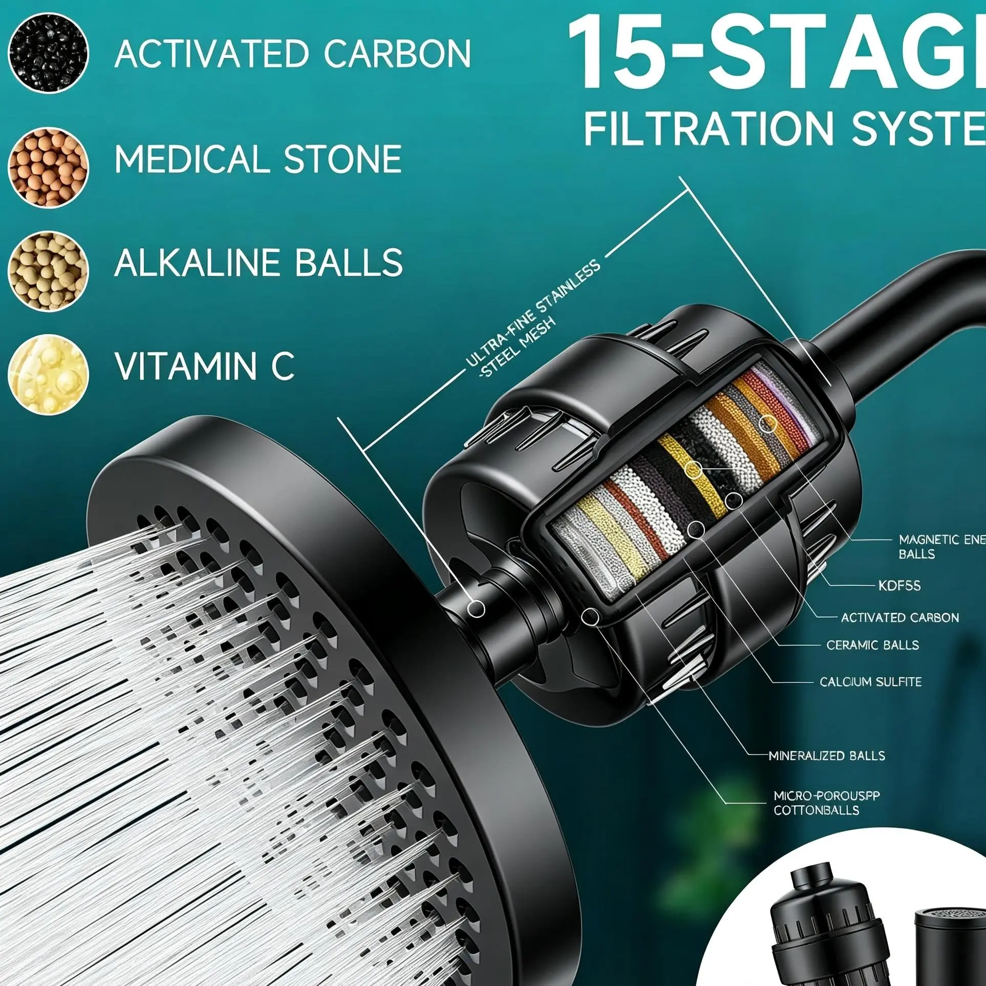 Filtered Shower Head Set 20 Stage Shower Filter - Reduces Chlorine And Heavy Metals High Pressure Showerhead Filter With 6" Round, Premium High-Density Engineering Plastic Construction