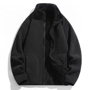 Men's Black Fleece-Lined Zip-Up Jacket - Stand Collar + Functional Pockets, Comfortable & Versatile for Everyday & Outdoor Wear
