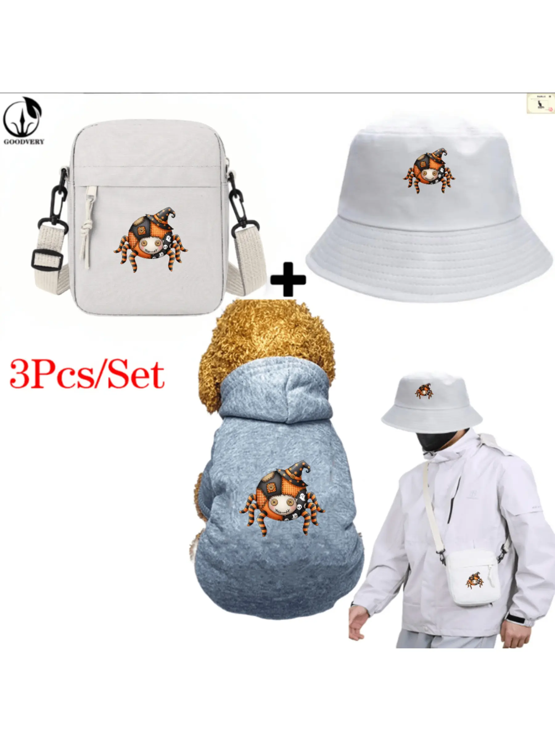 Cute Patchwork Halloween Spider Clipart Print, Pet Hoodie and Fisherman Hat and Crossbody Bag Three-in-one Combination, Universal for Men and Women, New Style of Pet Hoodie, 3Pcs Suit Stylish Hat Crossbody Bag Pet Hoodie Suit