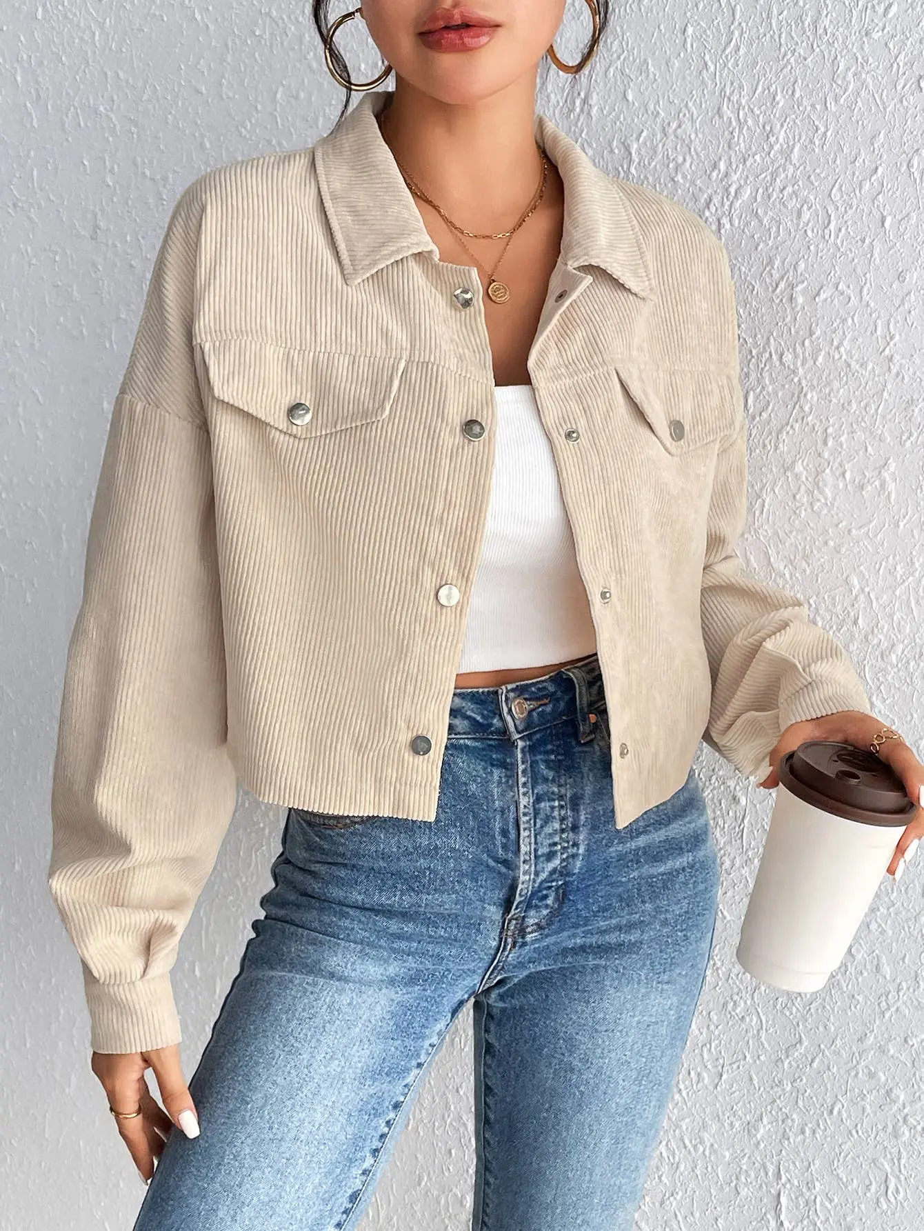 Cropped Corduroy Button-Down Shacket - Fitted Long Sleeve Shirt Jacket Casual Autumn Top with Chest Pockets & Button Cuffs