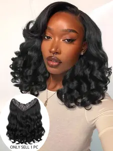 V-Shaped Clip-In Extensions, Yaki Curly Wavy Hair, Synthetic One-Piece Design, 5 Secure Clips, Easy-To-Use Hair Enhancements for Women, Wavy Synthetic Hairpiece
