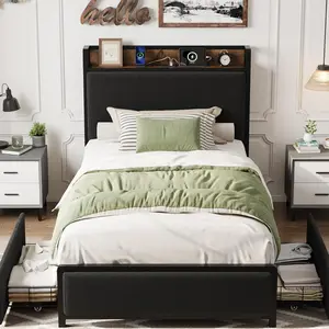 Gaomon Twin Size Rustic Linen Upholstered Platform Bed Frame - Heavy Duty Metal Base, Noise-Free Metal Slats, Rustic Look, 2 Storage Drawers, Storage Headboard, Charging Station, No Box Spring Needed, Easy Assembly, Black