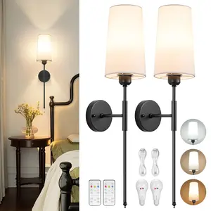 Battery Operated Wall Sconce Set of 2, Rechargeable Wall Sconce With Remote Dimmable Wireless Battery Powered Wall Lamp Decor Fixture For Bedroom Living Room White Fabric Shade Included Bulbs(Black)