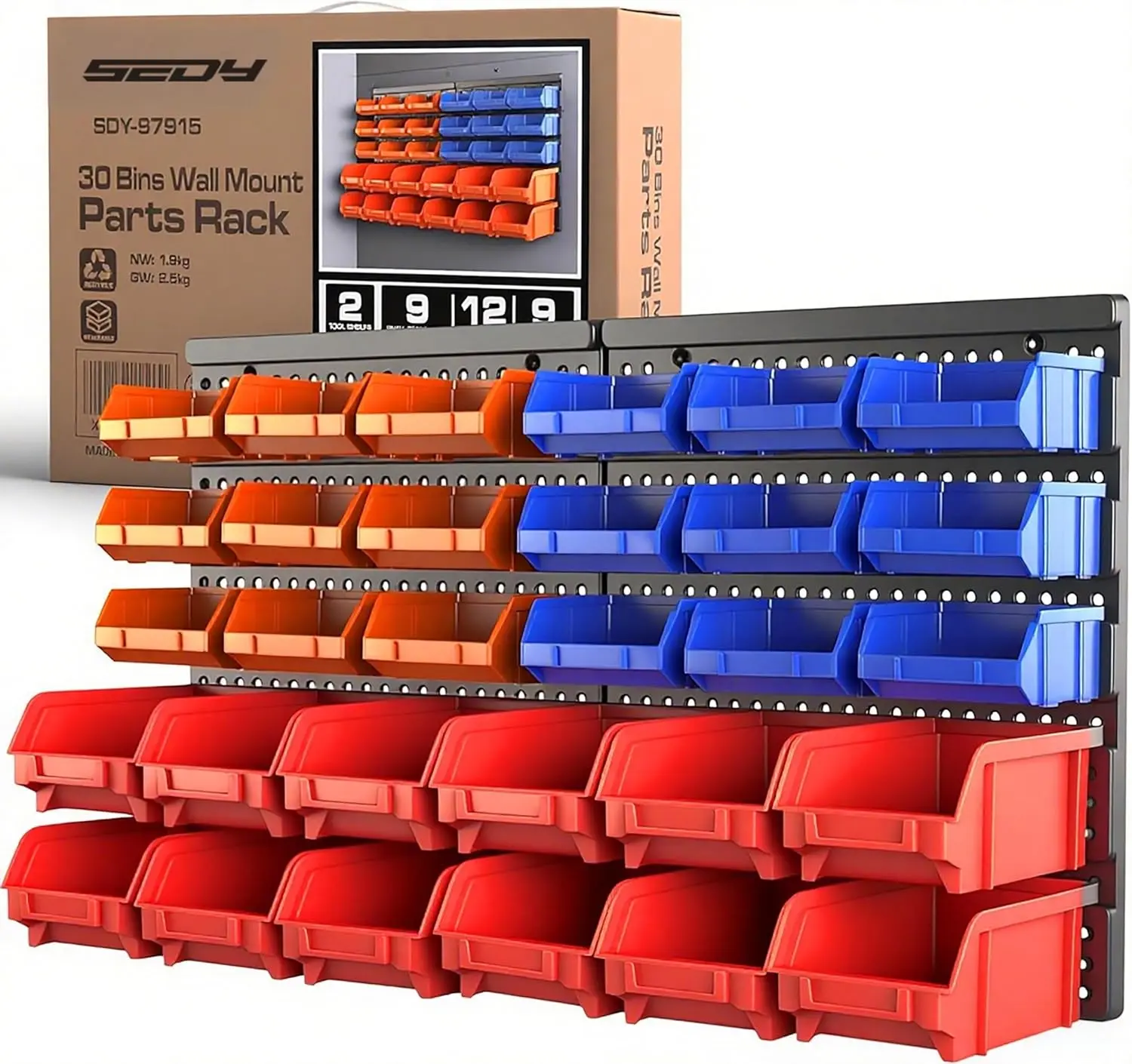 SEDY 30-Bin Wall-Mounted Tool Storage Rack System - Heavy-Duty Garage Peg System Tool Racks & Bars Organizer for Screws, Nuts, Bolts, Nails - Easy Installation, Customizable for Small Hardware Parts, Tool Storage Racks