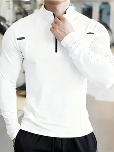 Men's Breathable Gym Workout Shirt, Quarter Zip Design, Slim Fit Muscle Show, High Stretch Reflective Strips, Night Running & Lifting