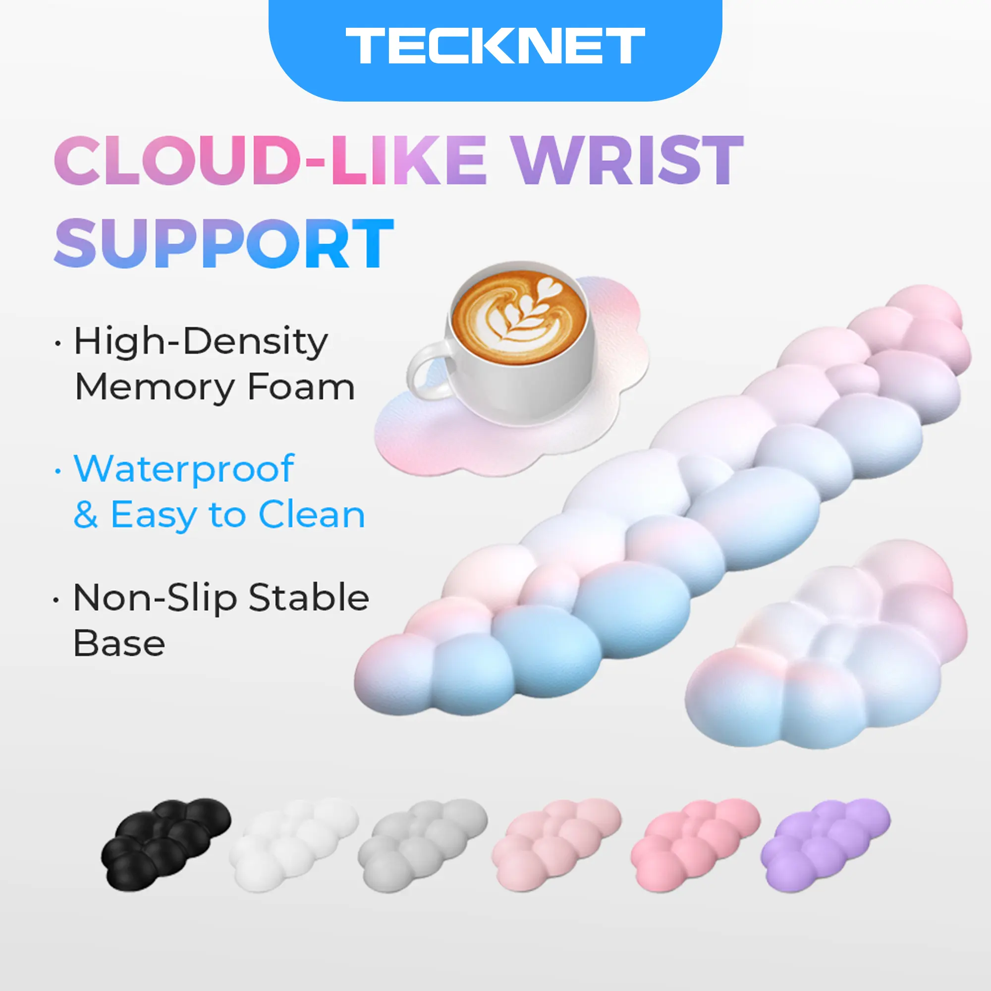 TECKNET Cloud Keyboard Wrist Rest Set, Cloud Wrist Rest with Non-Slip Base, PU Leather Wrist Pad for Keyboard with Ergonomic Memory Foam for Computer Laptop Office Gaming and Pain Relief Desktop Accessory,  mouse pad summerwins