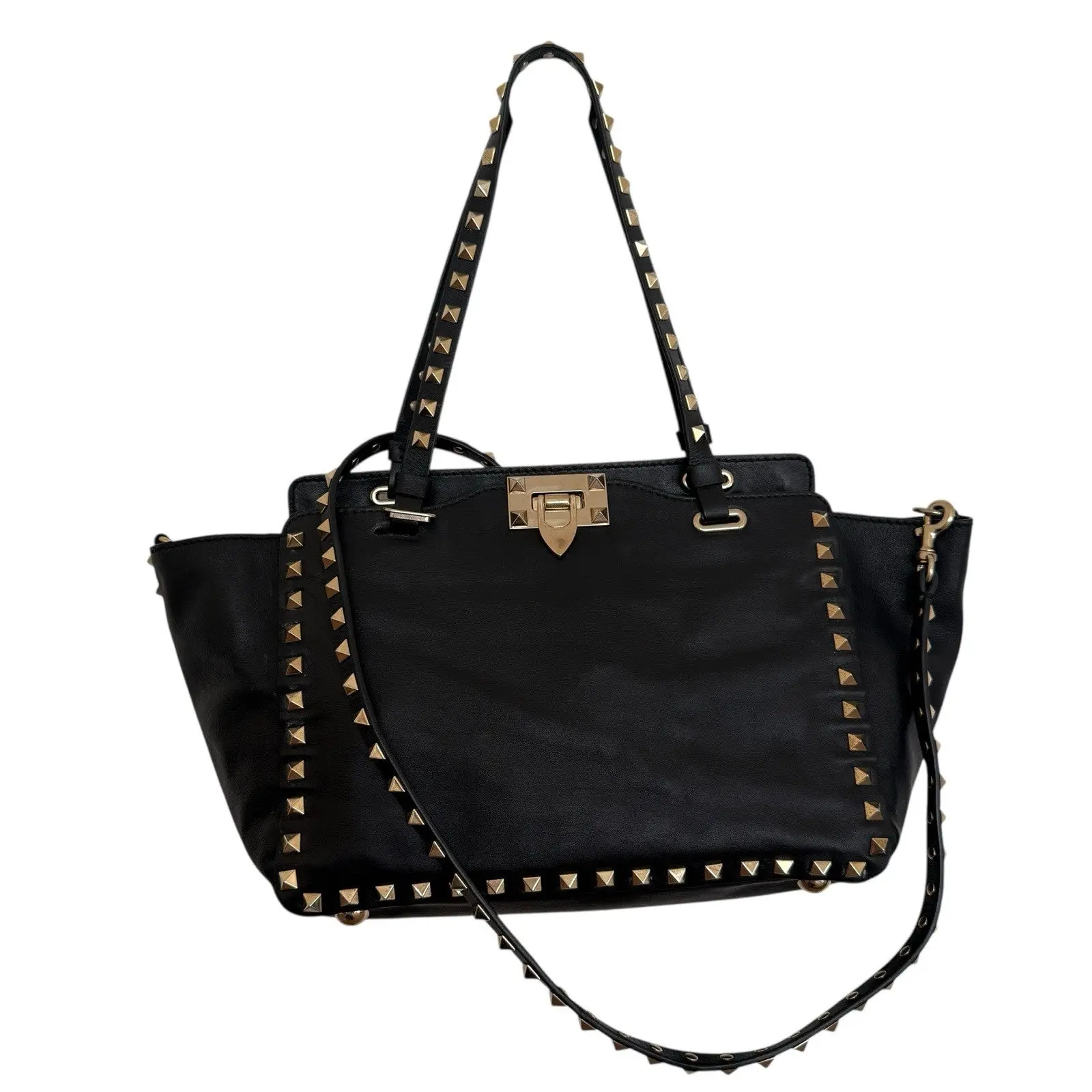 Pre-owned Valentino Tote Tote Bags Bags Bags Bags Bags Bags Bags Garavani Vitello Rockstud Bag Black Leather Removable Strap
