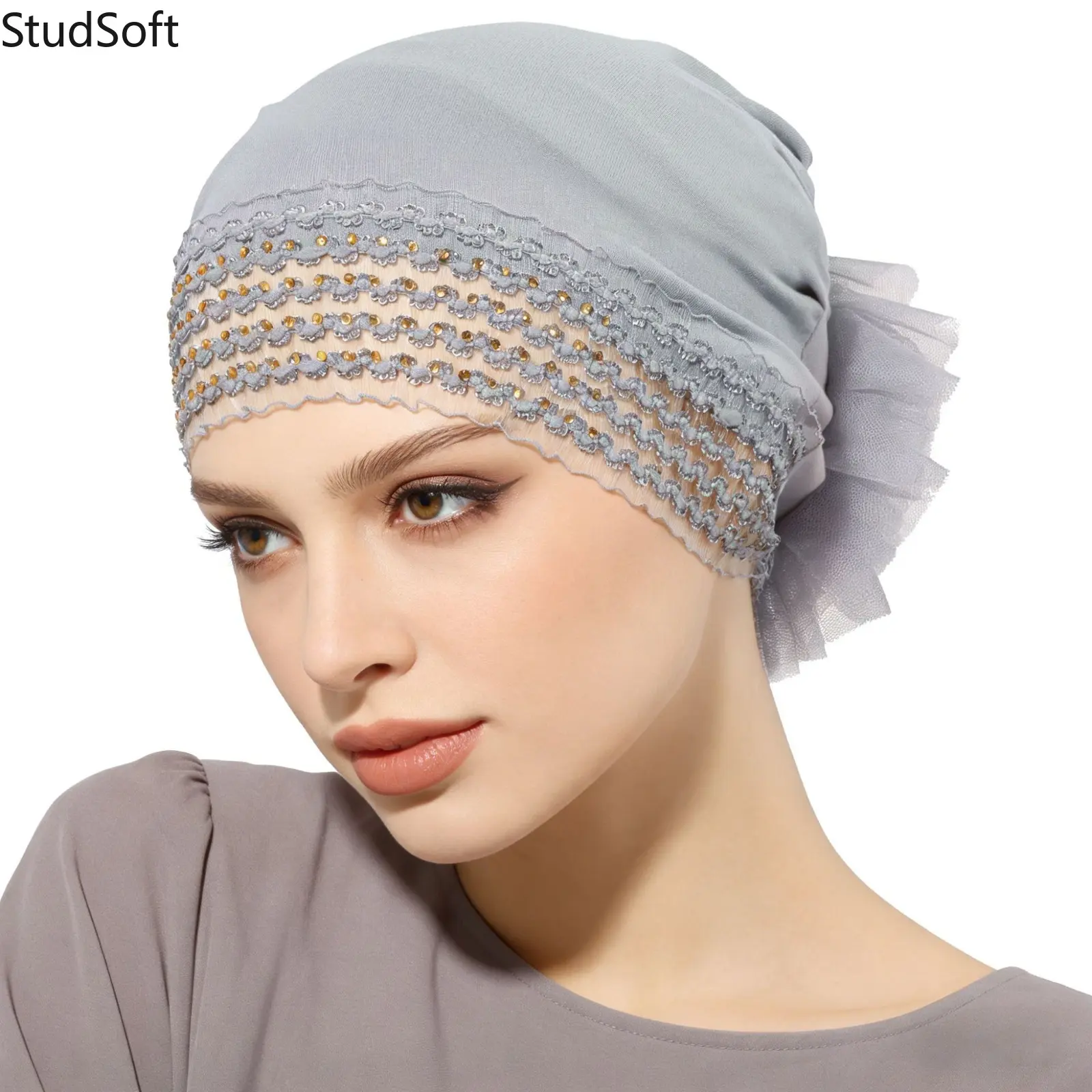 New Solid-Color Mercerized Cotton Undercap - Rear Lace Floral Detail, Elastic Band, Rhinestone-Embellished Lace Headscarf Cap for Sports & Outdoor Camping Hiking