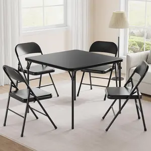 Portable Folding Card Table and Chair Set of 5, Pu Upholstered Foldable Table, and All Metal Folding Chairs, Table and Chairs Suitable for Dining Room, Living Room, Office, Camping-Black