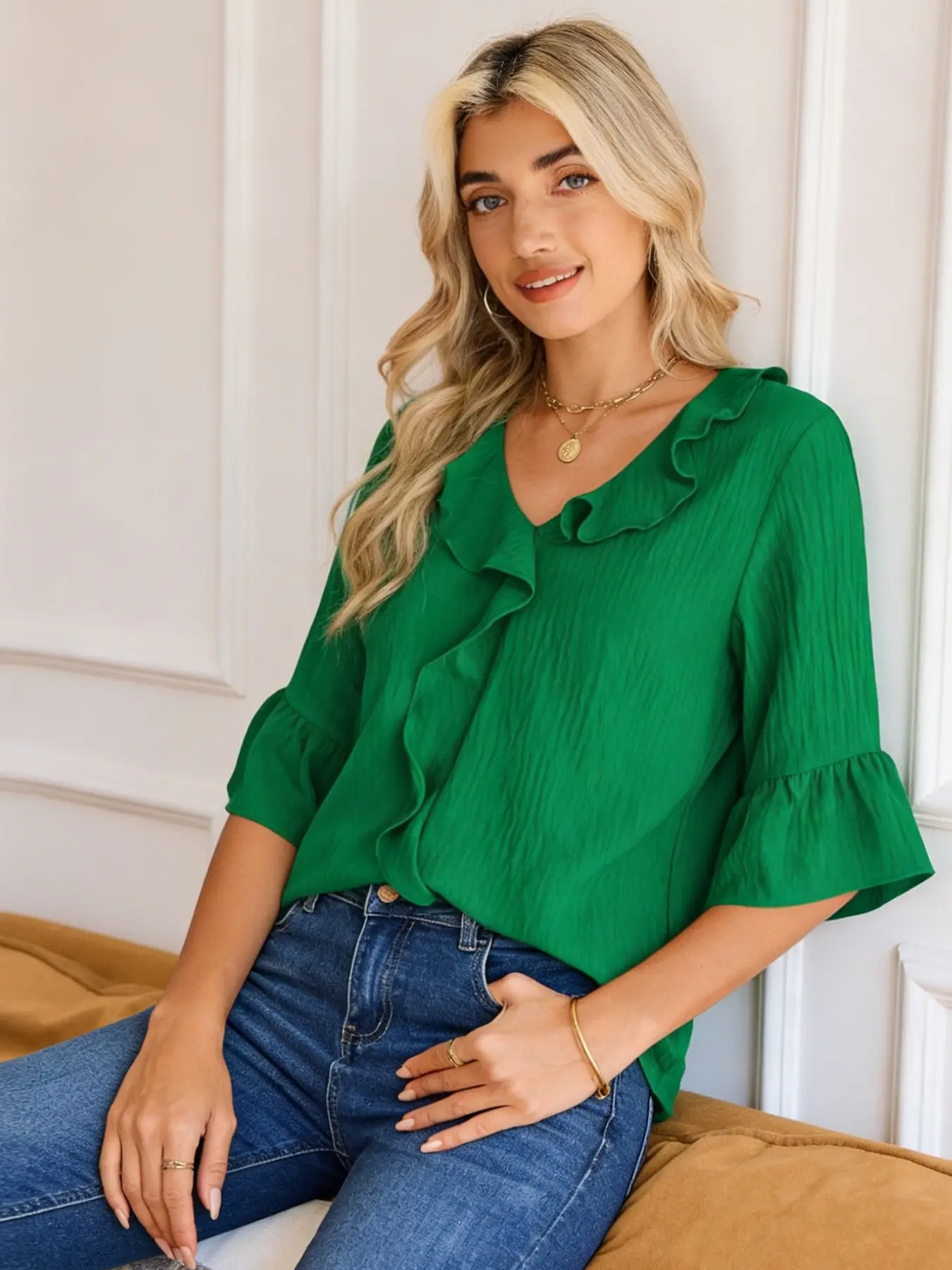 A lady's fashion soft and casual solid-color gentle-style top, featuring a V-neck ruffle design, suitable for all seasons, ideal for home, indoor, and outdoor wear
