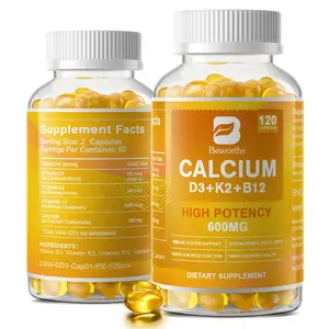 BEWANTS 4-in-1 Calcium Supplements, with 5000 IU D3 K2 (MK7) Vitamin B12 for Heart,Bone,Immune,120 Capsules, 60-Day Supply