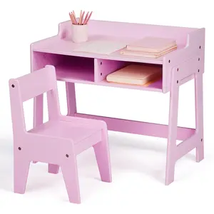 summervibes Karlhome 24" Compact Kids Study Desk Chair Set MDF Table with 2 Storage Compartments in Pink Color for Children's Room