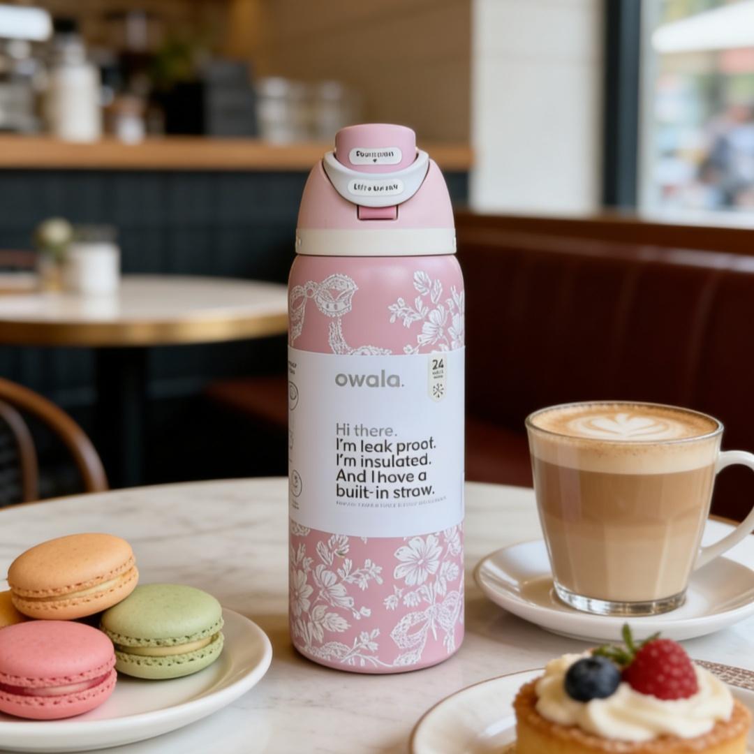 Owala FreeSip 32oz Pink White Lace Bow Insulated Bottle - Soft Sweet Style, Portable & Leak-Proof for Student & Commute Use