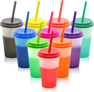 Color-changing cup set (10 pieces) Plastic cups (with lids and straws) For iced coffee and smoothies - Reusable leak-proof children's party cups, suitable for beaches and vacations