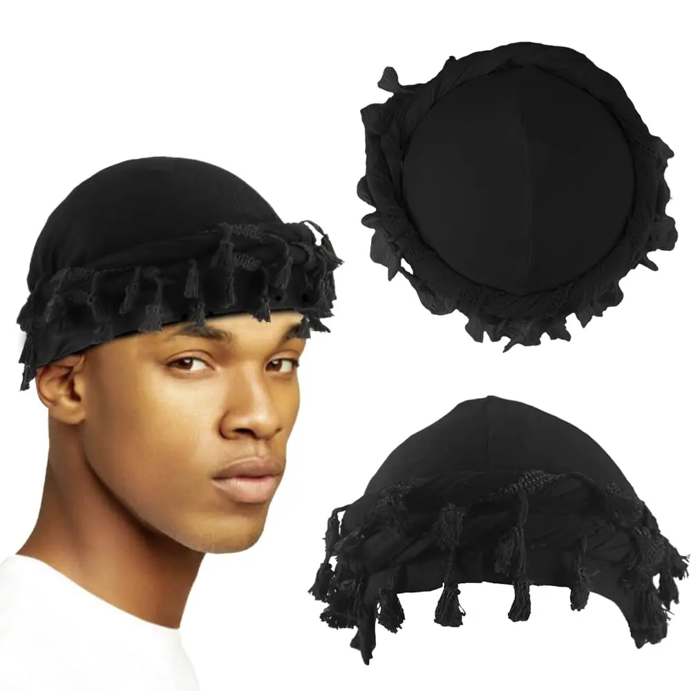 Stylish Turban for Men Women Satin Lined Halo Durag Head Wraps Skull Cap Pre-Tied Tassels Braid Beanie Vintage Twist Bonnet