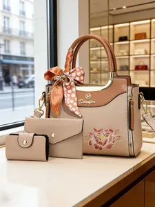 Floral Embroidered Casual Handbag Set for Women, Solid Color 2-Piece Bag, Bowknot Decor Handbag, Commuter Bag, Commuter Purse, Everyday Outing Bag, Date Bag, Valentine's Day Gift for Girlfriend, Mother's Day Gift for Mom