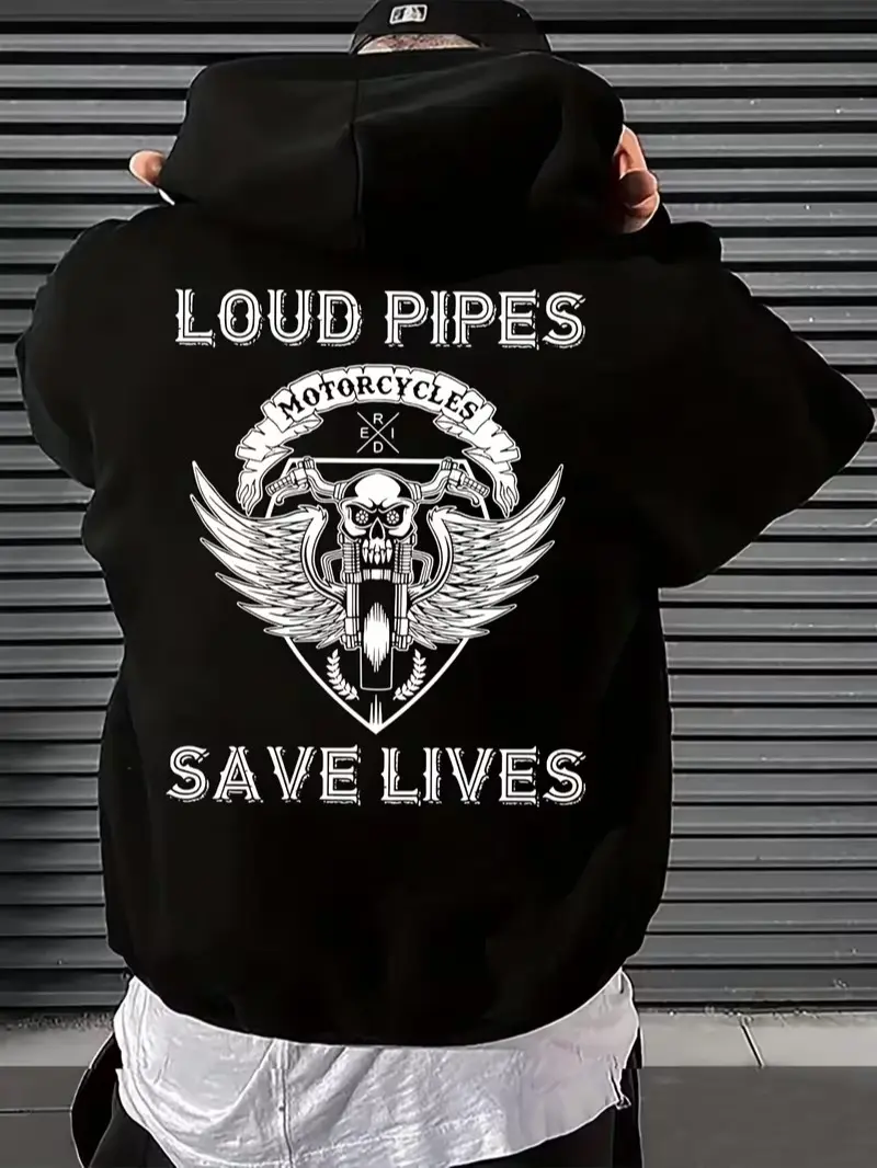 Loud Pipes Save Lives Skull Wing Motorcycle Back Print Fleece Pullover Hoodie, Biker Rider Vintage Streetwear Long Sleeve Sweatshirt For All Seasons